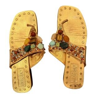 Bridget Sandals - Handcrafted Gold Multicolor Beaded Sandals Size 10